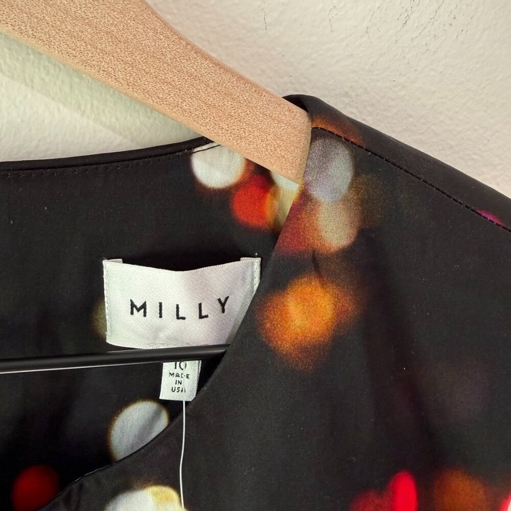 MILLY Dress Size 10 Black Multicolor Bokeh Print Cocktail Sleeveless Sheath NWT - Picture 2 of 9